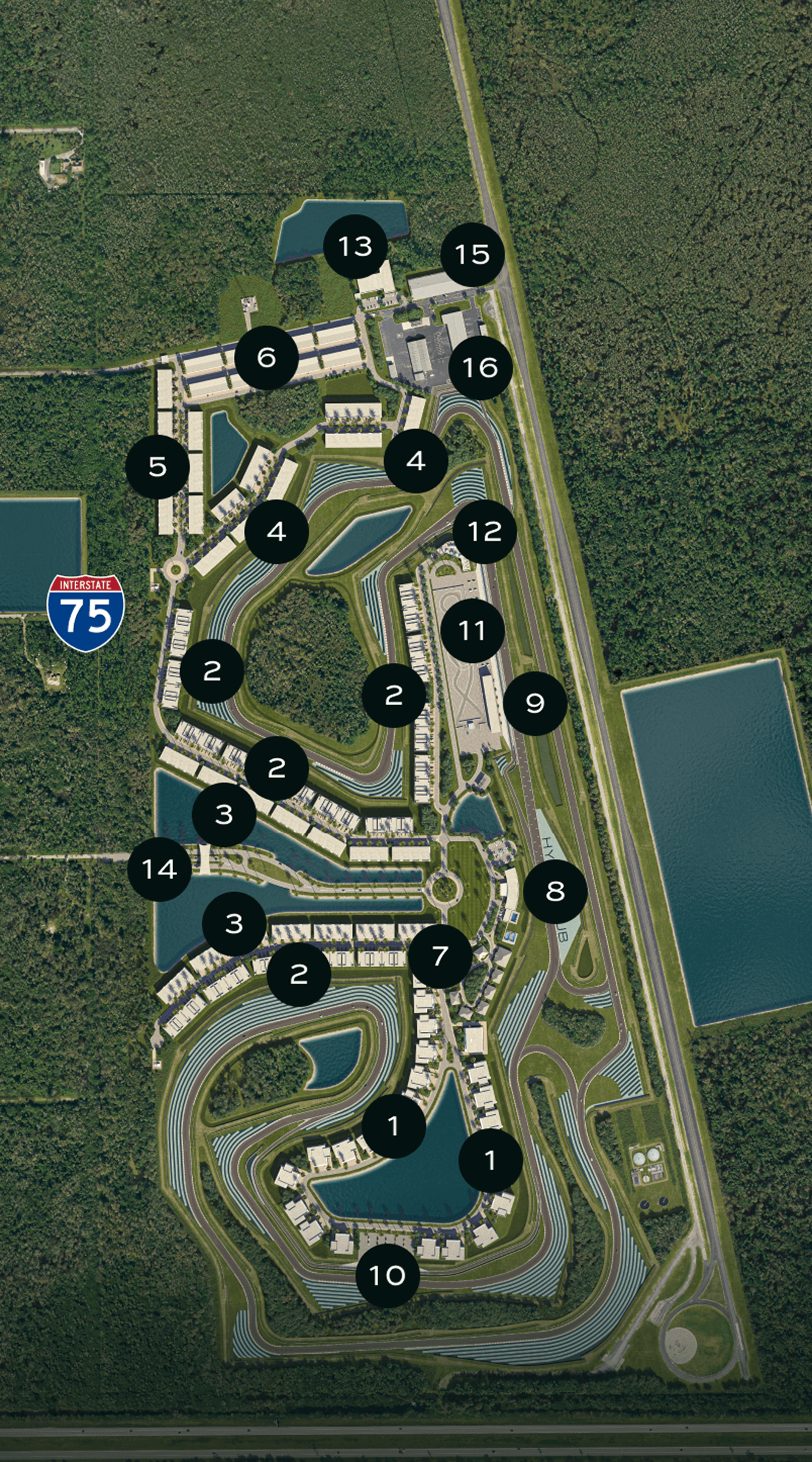 Numbered site plan of Hyper Club showing the circuits, residences, casitas, clubhouse, paddocks and lake, bordered by Interstate 75.